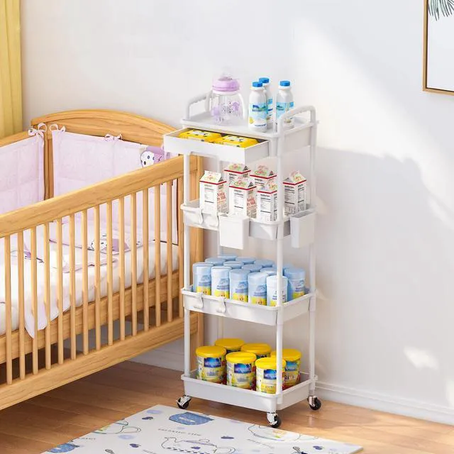 Alt view image 7 of 7 - 4 Tier Rolling Utility Cart with Drawer, Plastic Storage Organizer Rolling Carts with Wheels Handles Hanging Cups Hooks for Office, Bathroom, Kitchen,Craft Art Room (White)