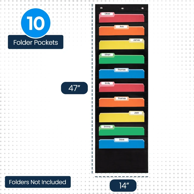 Alt view image 2 of 6 - 10 Pocket File Folder Pocket Chart, Black, 14" Wide x 47" Tall Versatile Wall Hanging File Folder Organizer for Classrooms, Offices, Home, and More - Wall Folder Organizer