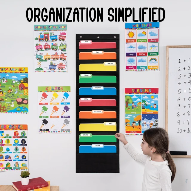 Alt view image 4 of 6 - 10 Pocket File Folder Pocket Chart, Black, 14" Wide x 47" Tall Versatile Wall Hanging File Folder Organizer for Classrooms, Offices, Home, and More - Wall Folder Organizer