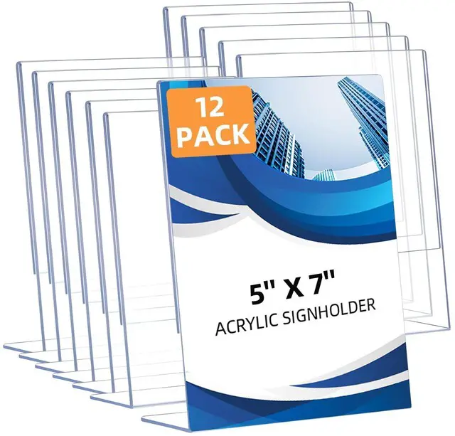 Main image of 12 Pack Slanted Back Acrylic Sign Holders 5x7 for Business & Store, Tabletop Vertical Sign Holder with Anti-Slip Pads Clear Display Stand, for Menus Flyer Documents Office Restaurants Party Decoration