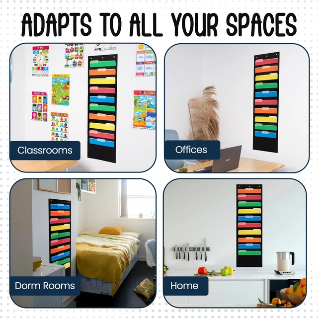 Alt view image 5 of 6 - 10 Pocket File Folder Pocket Chart, Black, 14" Wide x 47" Tall Versatile Wall Hanging File Folder Organizer for Classrooms, Offices, Home, and More - Wall Folder Organizer