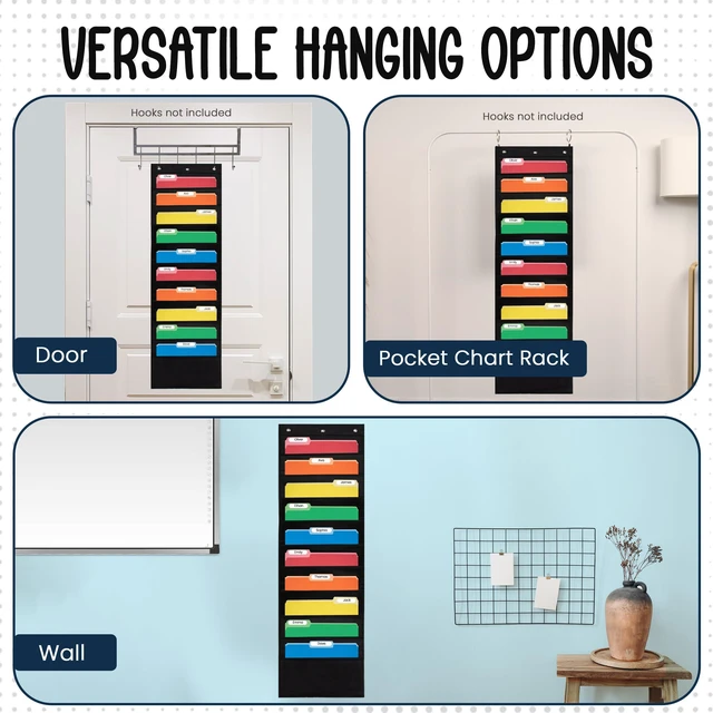 Alt view image 6 of 6 - 10 Pocket File Folder Pocket Chart, Black, 14" Wide x 47" Tall Versatile Wall Hanging File Folder Organizer for Classrooms, Offices, Home, and More - Wall Folder Organizer