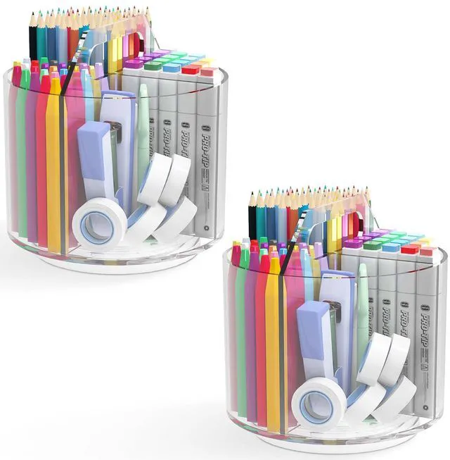 Main image of 2 Pack Pen Pencil Holder for Kids, Rotating Pen Holder for Desk Organizer, 4 Compartments Art Supply Marker Organizer and Storage, Kids Desk Organizer Marker Holder Caddy Art Supply Organizer for Desk