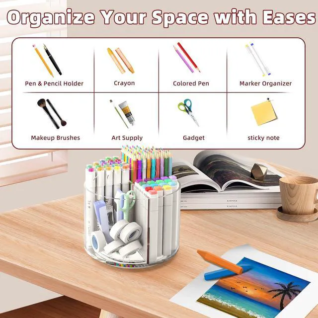 Alt view image 2 of 7 - 2 Pack Pen Pencil Holder for Kids, Rotating Pen Holder for Desk Organizer, 4 Compartments Art Supply Marker Organizer and Storage, Kids Desk Organizer Marker Holder Caddy Art Supply Organizer for Desk