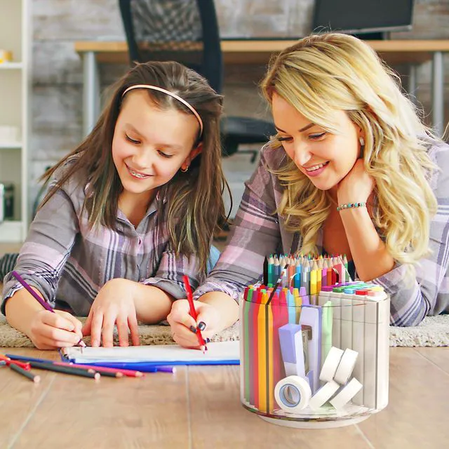 Alt view image 7 of 7 - 2 Pack Pen Pencil Holder for Kids, Rotating Pen Holder for Desk Organizer, 4 Compartments Art Supply Marker Organizer and Storage, Kids Desk Organizer Marker Holder Caddy Art Supply Organizer for Desk