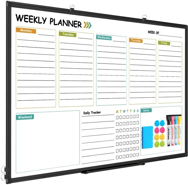 Main image of Weekly Dry Erase Calendar Whiteboard for Wall, 36" x 24" Planner Double-Sided Magnetic, Black Aluminum Frame, Hang Wall Mount, Week Schedule Planning White Board with To Do List, Notes