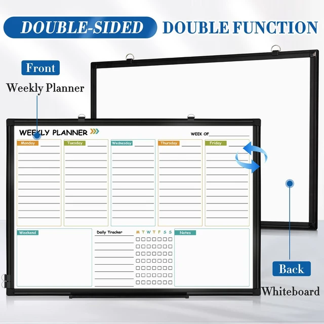 Alt view image 2 of 7 - Weekly Dry Erase Calendar Whiteboard for Wall, 36" x 24" Planner Double-Sided Magnetic, Black Aluminum Frame, Hang Wall Mount, Week Schedule Planning White Board with To Do List, Notes