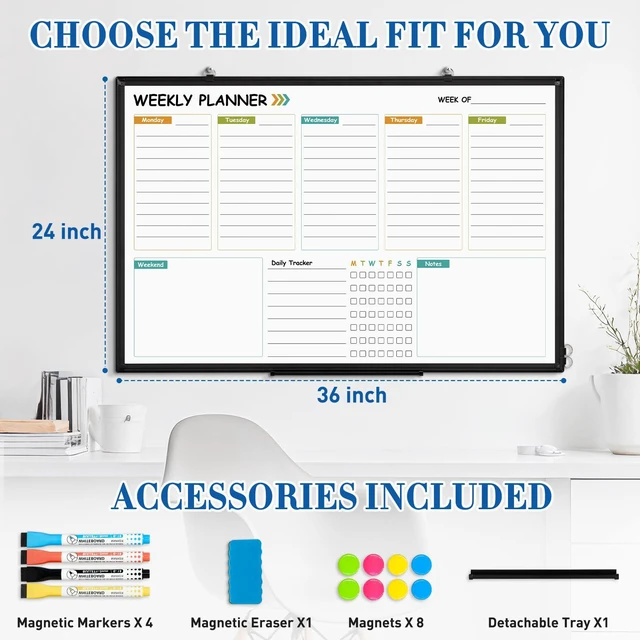 Alt view image 4 of 7 - Weekly Dry Erase Calendar Whiteboard for Wall, 36" x 24" Planner Double-Sided Magnetic, Black Aluminum Frame, Hang Wall Mount, Week Schedule Planning White Board with To Do List, Notes
