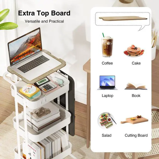 Alt view image 2 of 7 - 3-Tier Rolling Cart with Table Top, Metal Utility Cart with Side Bags Tray Storage Organizer, Lockable Wheels, 4 Hooks, Art Cart for Kitchen, Bathroom, Office, Craft room, Living room, White
