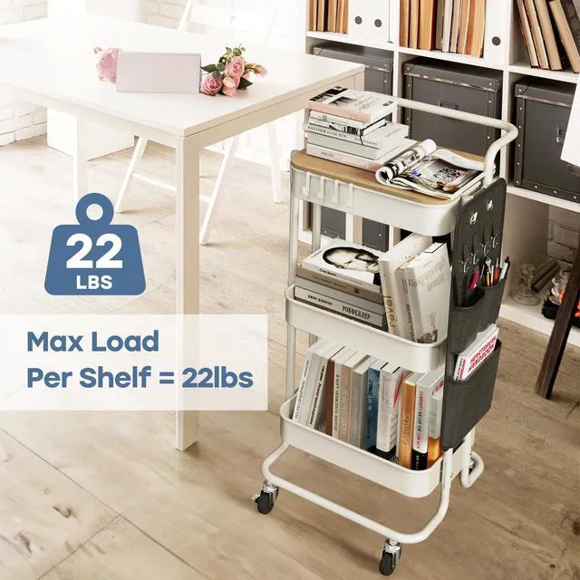 Alt view image 3 of 7 - 3-Tier Rolling Cart with Table Top, Metal Utility Cart with Side Bags Tray Storage Organizer, Lockable Wheels, 4 Hooks, Art Cart for Kitchen, Bathroom, Office, Craft room, Living room, White