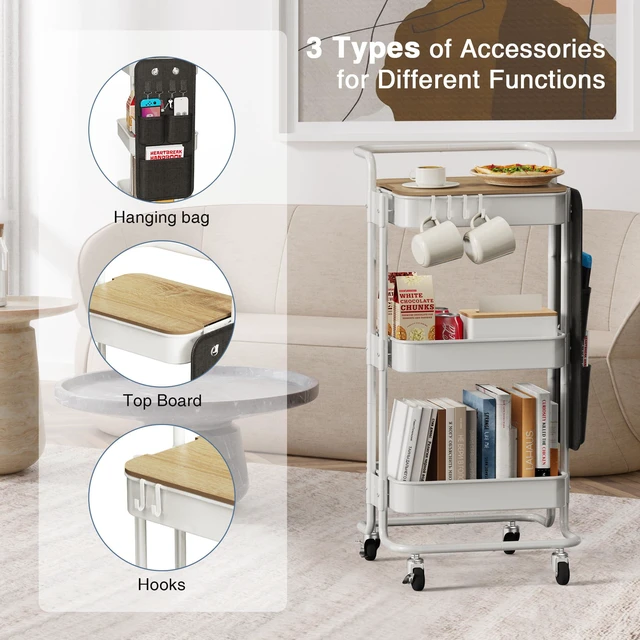 Alt view image 5 of 7 - 3-Tier Rolling Cart with Table Top, Metal Utility Cart with Side Bags Tray Storage Organizer, Lockable Wheels, 4 Hooks, Art Cart for Kitchen, Bathroom, Office, Craft room, Living room, White