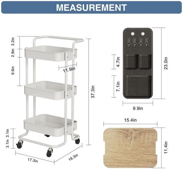 Alt view image 6 of 7 - 3-Tier Rolling Cart with Table Top, Metal Utility Cart with Side Bags Tray Storage Organizer, Lockable Wheels, 4 Hooks, Art Cart for Kitchen, Bathroom, Office, Craft room, Living room, White