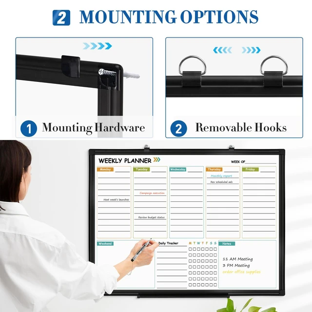 Alt view image 6 of 7 - Weekly Dry Erase Calendar Whiteboard for Wall, 36" x 24" Planner Double-Sided Magnetic, Black Aluminum Frame, Hang Wall Mount, Week Schedule Planning White Board with To Do List, Notes