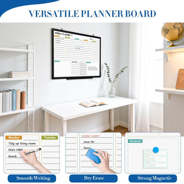Alt view image 5 of 7 - Weekly Dry Erase Calendar Whiteboard for Wall, 36" x 24" Planner Double-Sided Magnetic, Black Aluminum Frame, Hang Wall Mount, Week Schedule Planning White Board with To Do List, Notes