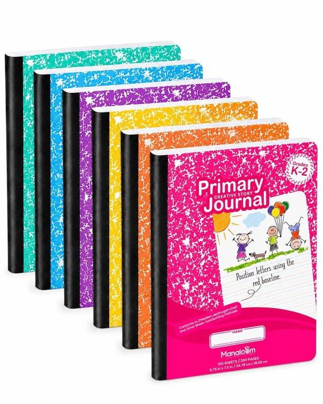 Main image of Primary Composition Notebook K-2, Primary Journal Grades K 2, Preschool, 1st Grade, Kindergarten Notebooks, Primary Ruled - 9.75 x 7.50 - Sturdy Covers - 100 Sheets - Assorted Colors - (6 Pack)
