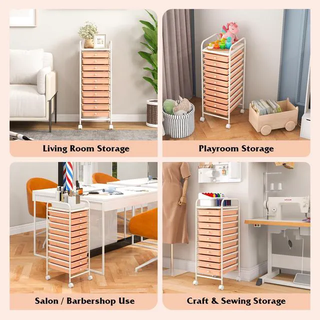 Alt view image 6 of 7 - Storage Cart, Rolling Utility Cart with 10 Drawers, Portable Handles & Lockable Wheels, Mobile Paper Toys Storage Organizer Large Capacity for Home Office School Teacher (Peach)