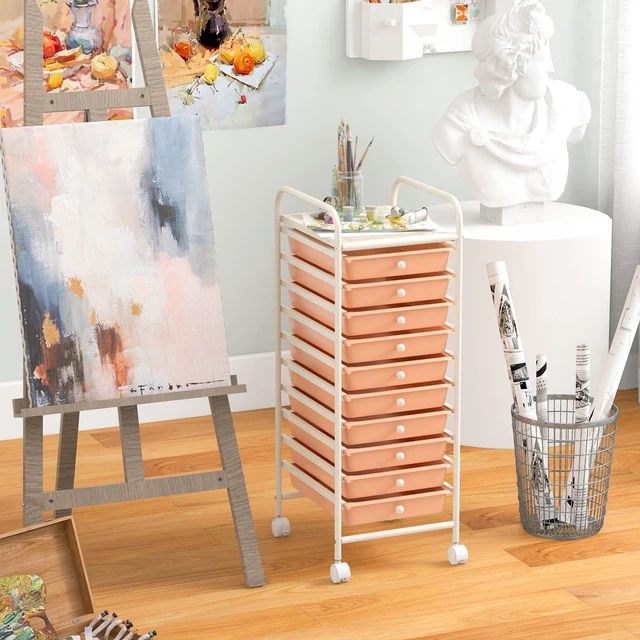 Alt view image 7 of 7 - Storage Cart, Rolling Utility Cart with 10 Drawers, Portable Handles & Lockable Wheels, Mobile Paper Toys Storage Organizer Large Capacity for Home Office School Teacher (Peach)