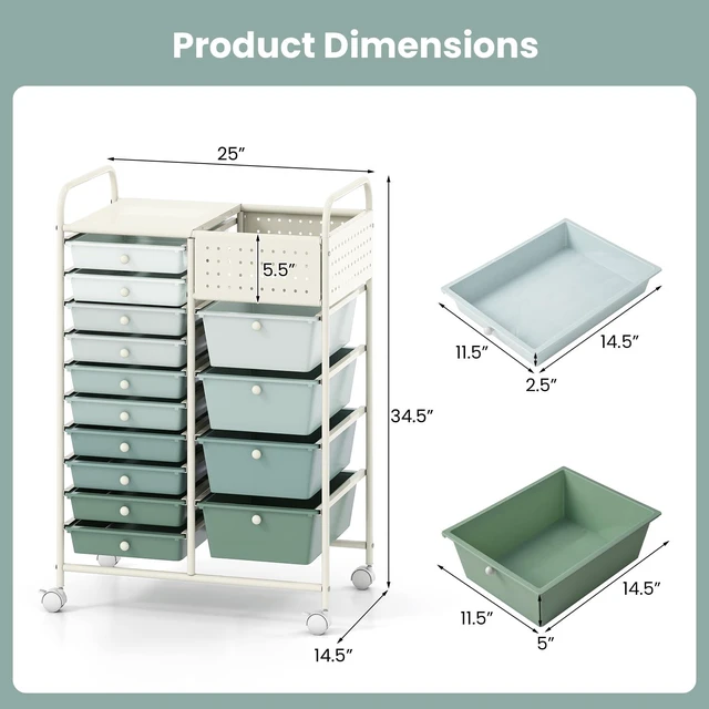 Alt view image 3 of 7 - 14 Drawer Storage Cart, Rolling Craft Cart with Metal Tabletop & Pegboard, Mobile Utility Organizer Trolley with Locking Wheels, Home Office, Green Gradient