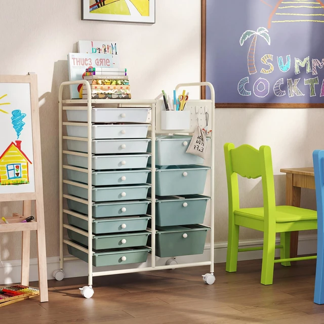 Alt view image 4 of 7 - 14 Drawer Storage Cart, Rolling Craft Cart with Metal Tabletop & Pegboard, Mobile Utility Organizer Trolley with Locking Wheels, Home Office, Green Gradient