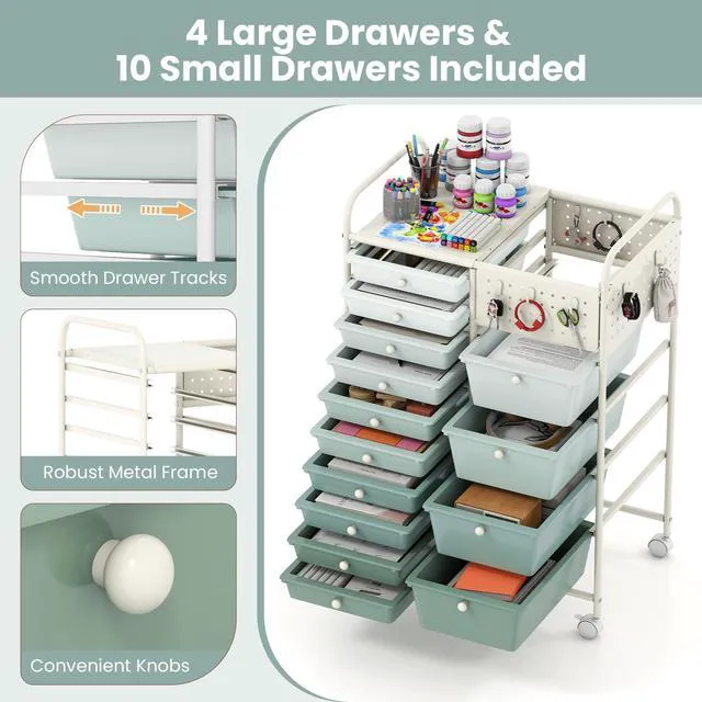 Alt view image 5 of 7 - 14 Drawer Storage Cart, Rolling Craft Cart with Metal Tabletop & Pegboard, Mobile Utility Organizer Trolley with Locking Wheels, Home Office, Green Gradient