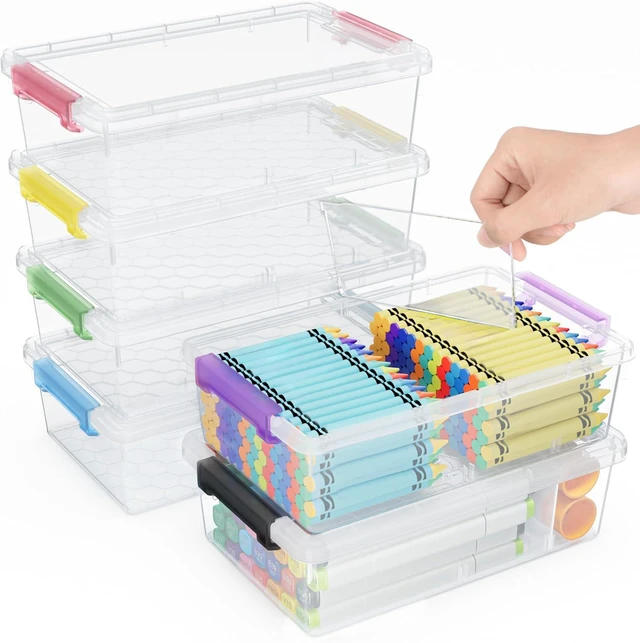 Main image of 6 Pack Extra Large Pencil Box with Removable Divider, Thickened Pencil Case Bulk, Clear Crayon Marker Organizer Stackable Plastic Small Storage Containers for Pen Craft School Supplies (Multi)