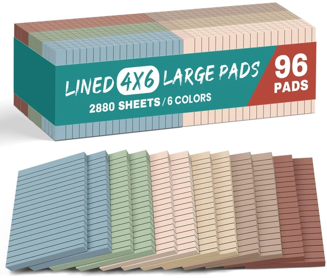 Main image of Lined Sticky Notes, 4 x 6 Inches, 96 Pads, 30 Sheets/Pad, Vintage Large Sticky Notes with Lines for Office, Home, School, Ruled Memo Note Pads for Shopping, Planning, Studying