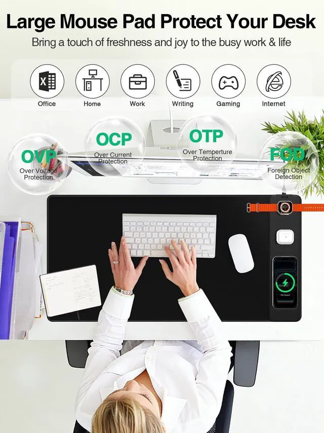 Alt view image 2 of 7 - Mouse Pad with Magnetic Wireless Charging, Large Desk Mat, Non-Slip Mouse Mat, Keyboard Pad for Gaming, Desk, Office, PC