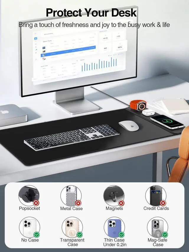 Alt view image 4 of 7 - Mouse Pad with Magnetic Wireless Charging, Large Desk Mat, Non-Slip Mouse Mat, Keyboard Pad for Gaming, Desk, Office, PC