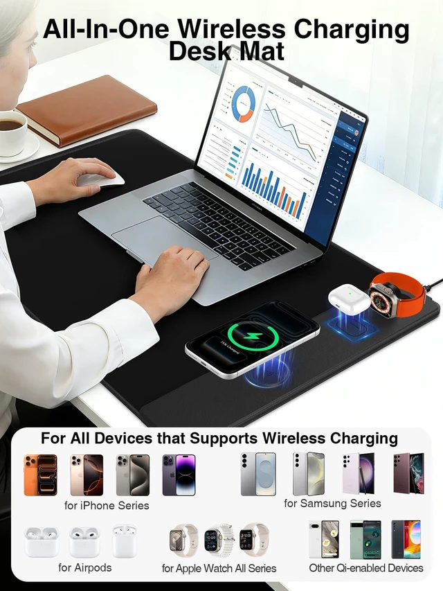 Alt view image 3 of 7 - Mouse Pad with Magnetic Wireless Charging, Large Desk Mat, Non-Slip Mouse Mat, Keyboard Pad for Gaming, Desk, Office, PC