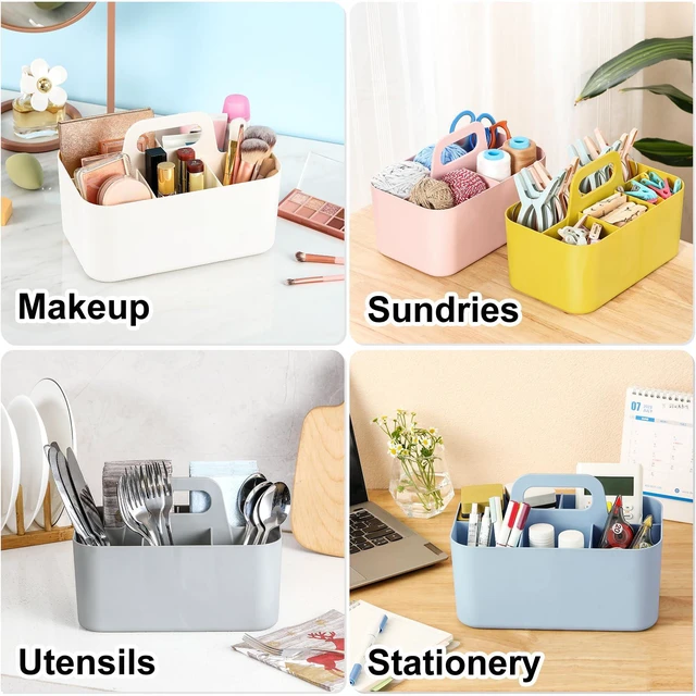 Alt view image 2 of 7 - Multiuse Caddy Organizer with Handle, Portable Divided Plastic Tote Bin - Art Craft, Stationary Pen Marker Crayon, Makeup Hair Supplies Storage - Bathroom, Classroom, Dorm, Office, Desk Holder -Yellow