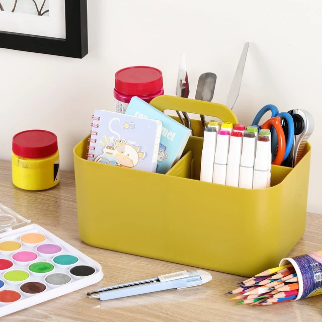 Alt view image 3 of 7 - Multiuse Caddy Organizer with Handle, Portable Divided Plastic Tote Bin - Art Craft, Stationary Pen Marker Crayon, Makeup Hair Supplies Storage - Bathroom, Classroom, Dorm, Office, Desk Holder -Yellow