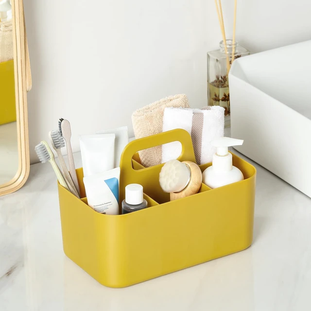 Alt view image 4 of 7 - Multiuse Caddy Organizer with Handle, Portable Divided Plastic Tote Bin - Art Craft, Stationary Pen Marker Crayon, Makeup Hair Supplies Storage - Bathroom, Classroom, Dorm, Office, Desk Holder -Yellow