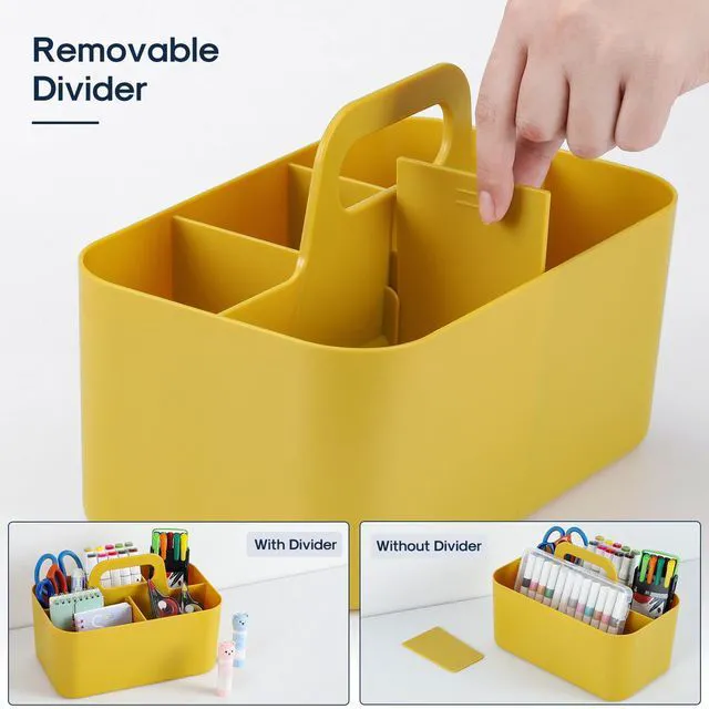 Alt view image 6 of 7 - Multiuse Caddy Organizer with Handle, Portable Divided Plastic Tote Bin - Art Craft, Stationary Pen Marker Crayon, Makeup Hair Supplies Storage - Bathroom, Classroom, Dorm, Office, Desk Holder -Yellow