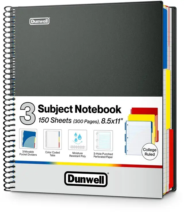 Main image of 3-Subject Notebook College Ruled 8.5 x 11 (Black), 150 Sheets (300 Pages), Spiral Notebook 8.5x11 with Tabs, Movable Dividers, Storage Pockets, Protective Plastic Covers