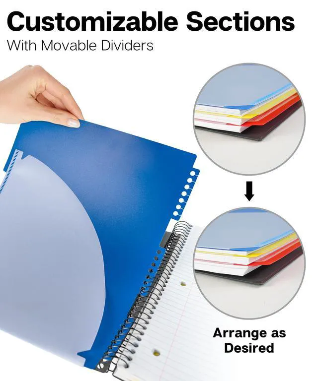Alt view image 2 of 7 - 3-Subject Notebook College Ruled 8.5 x 11 (Black), 150 Sheets (300 Pages), Spiral Notebook 8.5x11 with Tabs, Movable Dividers, Storage Pockets, Protective Plastic Covers