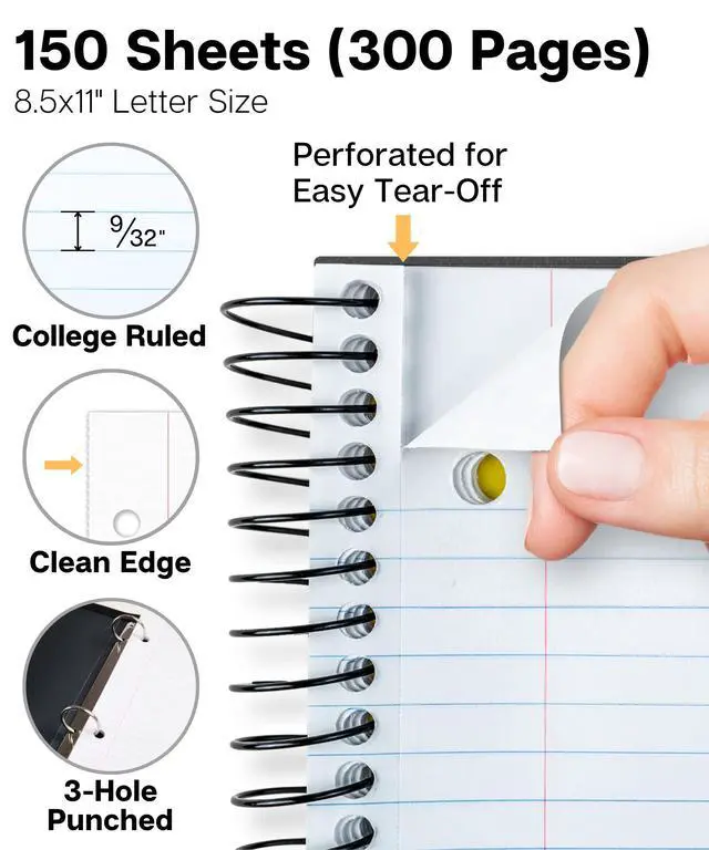 Alt view image 3 of 7 - 3-Subject Notebook College Ruled 8.5 x 11 (Black), 150 Sheets (300 Pages), Spiral Notebook 8.5x11 with Tabs, Movable Dividers, Storage Pockets, Protective Plastic Covers