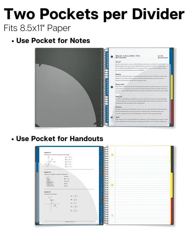 Alt view image 6 of 7 - 3-Subject Notebook College Ruled 8.5 x 11 (Black), 150 Sheets (300 Pages), Spiral Notebook 8.5x11 with Tabs, Movable Dividers, Storage Pockets, Protective Plastic Covers