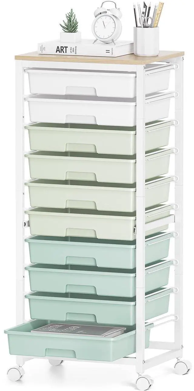 Main image of 10 Drawer Rolling Cart,Green Rolling Cart for Craft Storage,Storage Cart with Lockable Wheels and Wooden Tabletop for Classroom,Office,Living Room