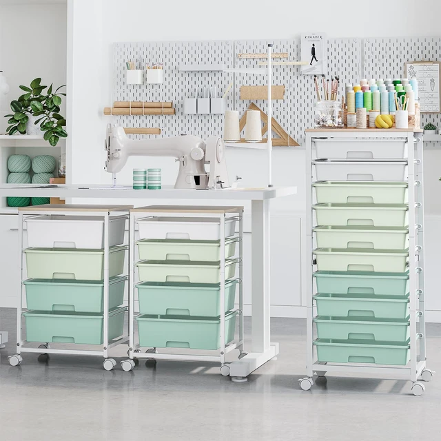 Alt view image 2 of 7 - 10 Drawer Rolling Cart,Green Rolling Cart for Craft Storage,Storage Cart with Lockable Wheels and Wooden Tabletop for Classroom,Office,Living Room