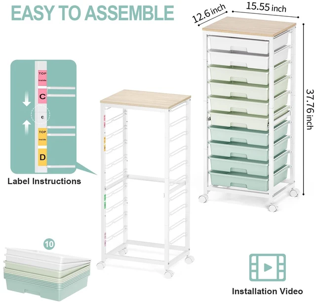 Alt view image 3 of 7 - 10 Drawer Rolling Cart,Green Rolling Cart for Craft Storage,Storage Cart with Lockable Wheels and Wooden Tabletop for Classroom,Office,Living Room