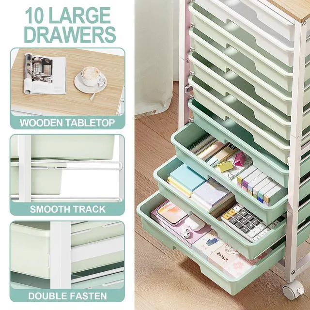 Alt view image 4 of 7 - 10 Drawer Rolling Cart,Green Rolling Cart for Craft Storage,Storage Cart with Lockable Wheels and Wooden Tabletop for Classroom,Office,Living Room