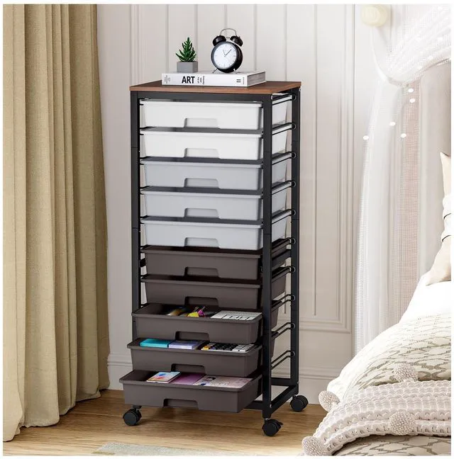 Main image of 10 Drawer Rolling Cart,Grey Rolling Cart for Craft Storage,Storage Cart with Lockable Wheels and Wooden Tabletop for Classroom,Office,Living Room