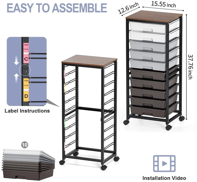 Alt view image 2 of 7 - 10 Drawer Rolling Cart,Grey Rolling Cart for Craft Storage,Storage Cart with Lockable Wheels and Wooden Tabletop for Classroom,Office,Living Room