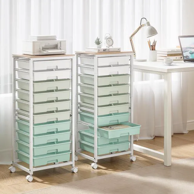 Alt view image 7 of 7 - 10 Drawer Rolling Cart,Green Rolling Cart for Craft Storage,Storage Cart with Lockable Wheels and Wooden Tabletop for Classroom,Office,Living Room