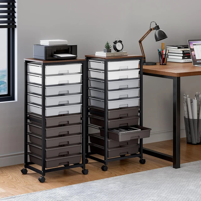 Alt view image 3 of 7 - 10 Drawer Rolling Cart,Grey Rolling Cart for Craft Storage,Storage Cart with Lockable Wheels and Wooden Tabletop for Classroom,Office,Living Room