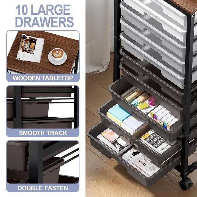 Alt view image 4 of 7 - 10 Drawer Rolling Cart,Grey Rolling Cart for Craft Storage,Storage Cart with Lockable Wheels and Wooden Tabletop for Classroom,Office,Living Room