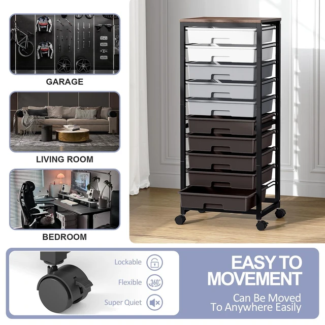 Alt view image 5 of 7 - 10 Drawer Rolling Cart,Grey Rolling Cart for Craft Storage,Storage Cart with Lockable Wheels and Wooden Tabletop for Classroom,Office,Living Room