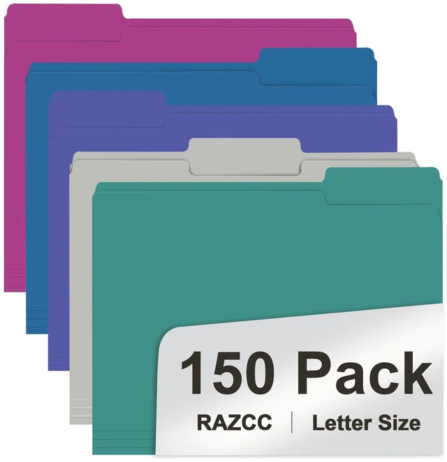 Main image of File Folder, 150 Pack 1/3 Cut Tab File Folders Letter Size, Colored File Folders for Office Classroom Use, Colored Folders with Tabs, Assorted 5 Colors
