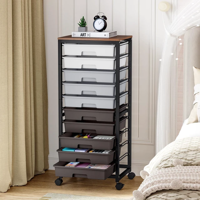 Alt view image 7 of 7 - 10 Drawer Rolling Cart,Grey Rolling Cart for Craft Storage,Storage Cart with Lockable Wheels and Wooden Tabletop for Classroom,Office,Living Room