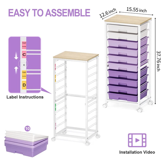 Alt view image 2 of 7 - 10 Drawer Rolling Cart,Purple Rolling Cart for Craft Storage,Storage Cart with Lockable Wheels and Wooden Tabletop for Classroom,Office,Living Room